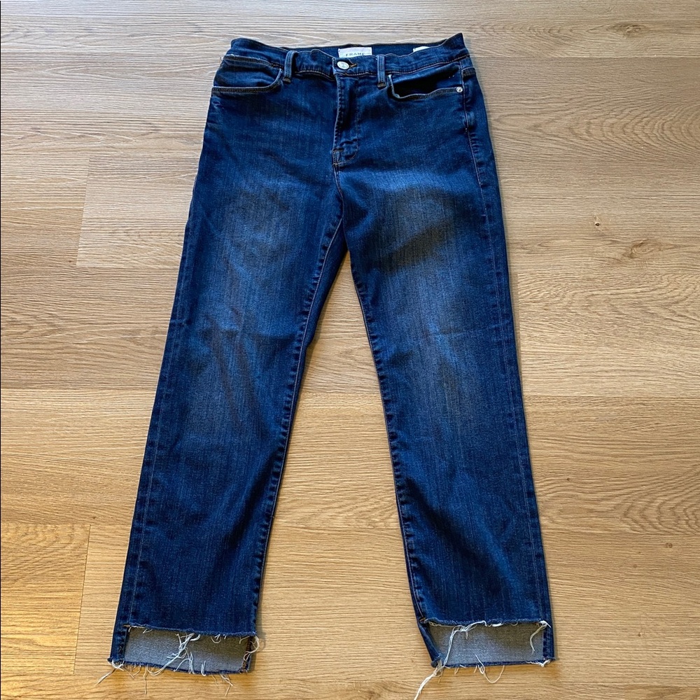 Frame Le High Straight Frayed Hem Cropped Jeans High Rise Size 30 - Picture 3 of 10
